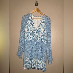 House of Harlow 1960 Blue White Floral Boho Mini Dress Long Sleeve L